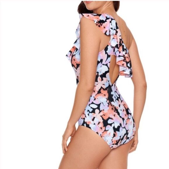Time and Tru one shoulder ruffle floral swimsuit size large - Picture 2 of 9